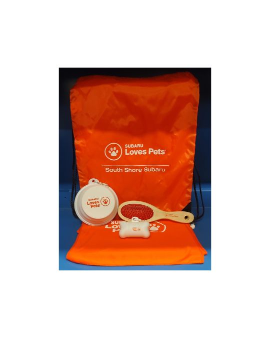 Subaru Gear Pet Care Kit With Brush / Travel Bowl / Bag Dispenser / Towel / Orange Carrying Bag With Subaru Loves Pets Logo