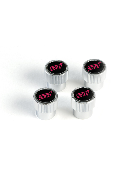 Subaru Valve Stem Caps Kit Of Four In Silver / Black With Red STI Logo