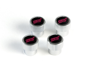 Subaru Valve Stem Caps Kit Of Four In Silver / Black With Red STI Logo