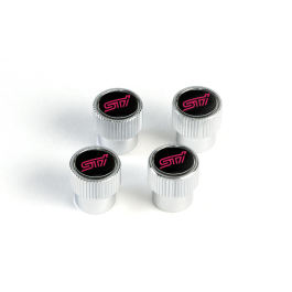 Subaru Valve Stem Caps Kit Of Four In Silver / Black With Red STI Logo